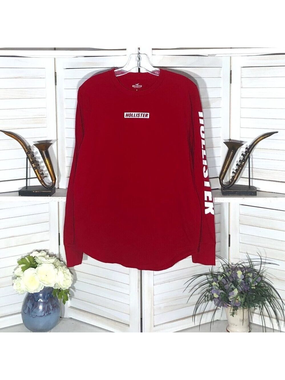 Hollister Red and White Graphic Long Sleeve Shirt Medium